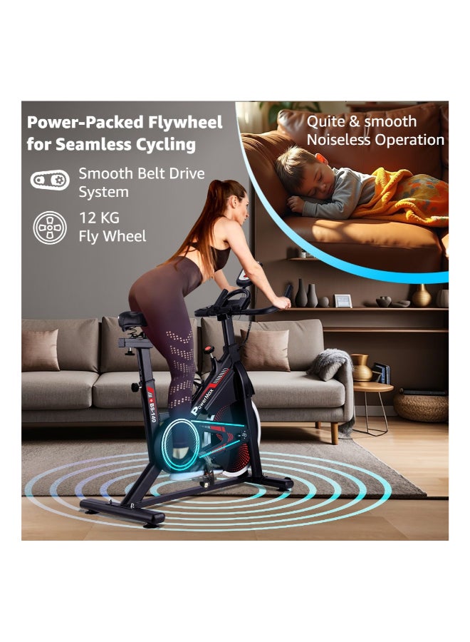PowerMax Fitness BS-140 Exercise Bike with Belt drive, 12KG Flywheel, Adjustable Seat-Foot strap, 140KG Capacity, 2-Way Rotation, Magnetic Braking system, LCD Display, 2pcs Crank, Heart rate sensor - Image 4