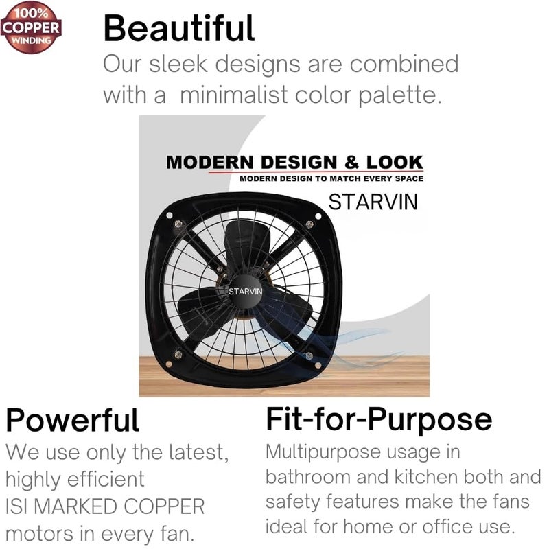 STARVIN Metal High Speed Exhaust Fan 225mm (9 Inches) for Bathroom, Kitchen | 70W | Installation-Square Cut (290mm) | Low Noise | Easy to Clean | Copper Winding Motor Metal Fan | Make in India - Image 5