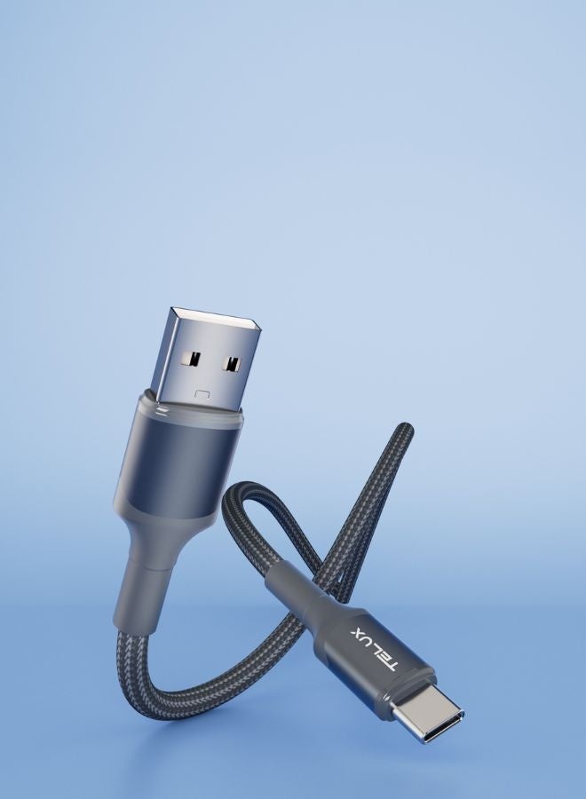 TELUX FLEXIX USB-A to USB-C Braided Cable 1m, 3A Fast Charging, Wear-Resistant Nylon Braid, 10000+ Bend Lifespan, 480Mbps Data Transfer, Dark Grey - Image 5
