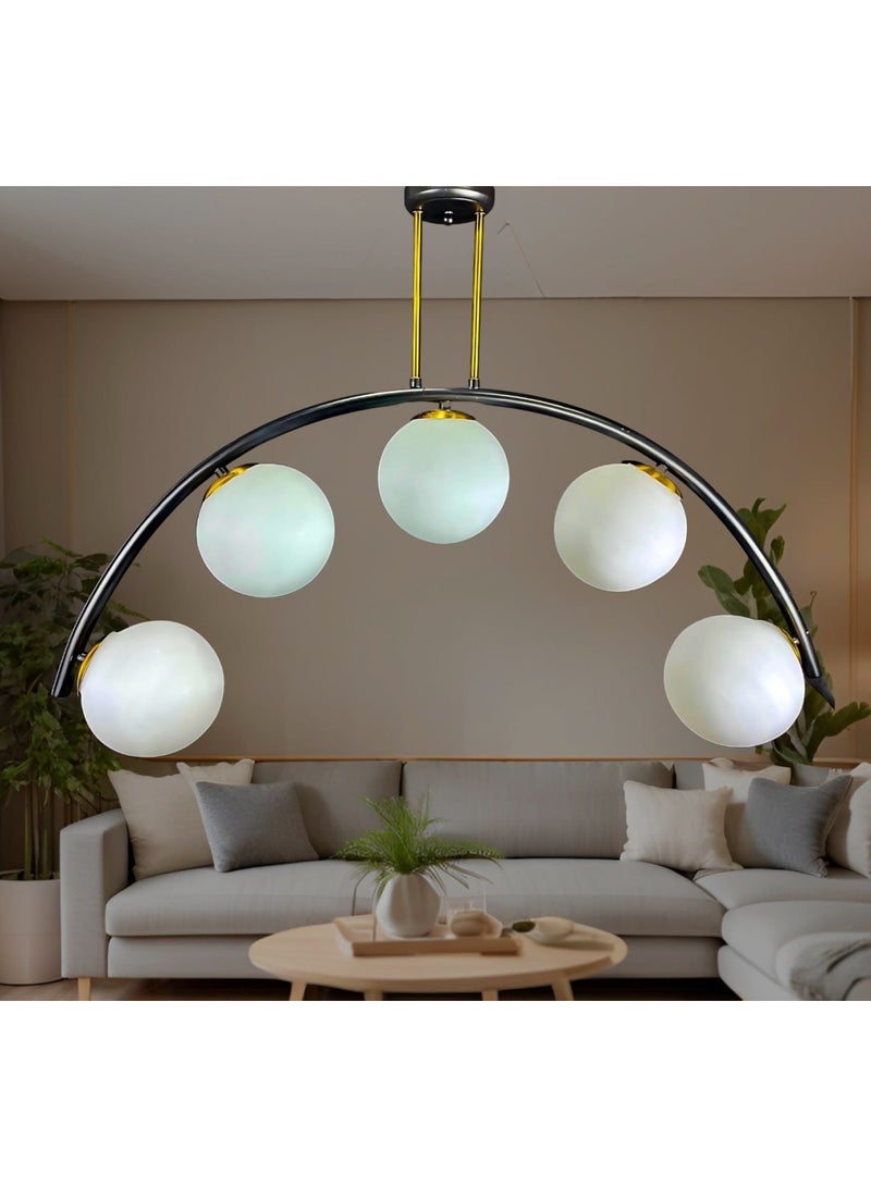 Modern metal chandelier, 5 crescent-shaped bulbs