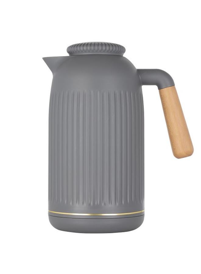 تايمليس ترمس بلاستيك جايدا سعة 1 لتر بمقبض خشبي، رمادي غامق - Image 1