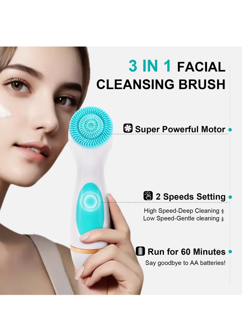 SYOSI Facial Cleansing Brush, 3 in 1 Electric Brush with 3 Brush Heads for Women and Men, Waterproof Rechargeable Face Brush, Ideal for Dry, Oily, and Sensitive Skin (Blue)  - Image 3