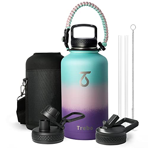 Trebo Water Bottle 64oz with Paracord Handle Half Gallon Large Double Wall Vacuum Stainless Steel Insulated Water Jug with Straw Spout Handle Lids Leakproof Keep Cold  Hot OmbreHydrangea