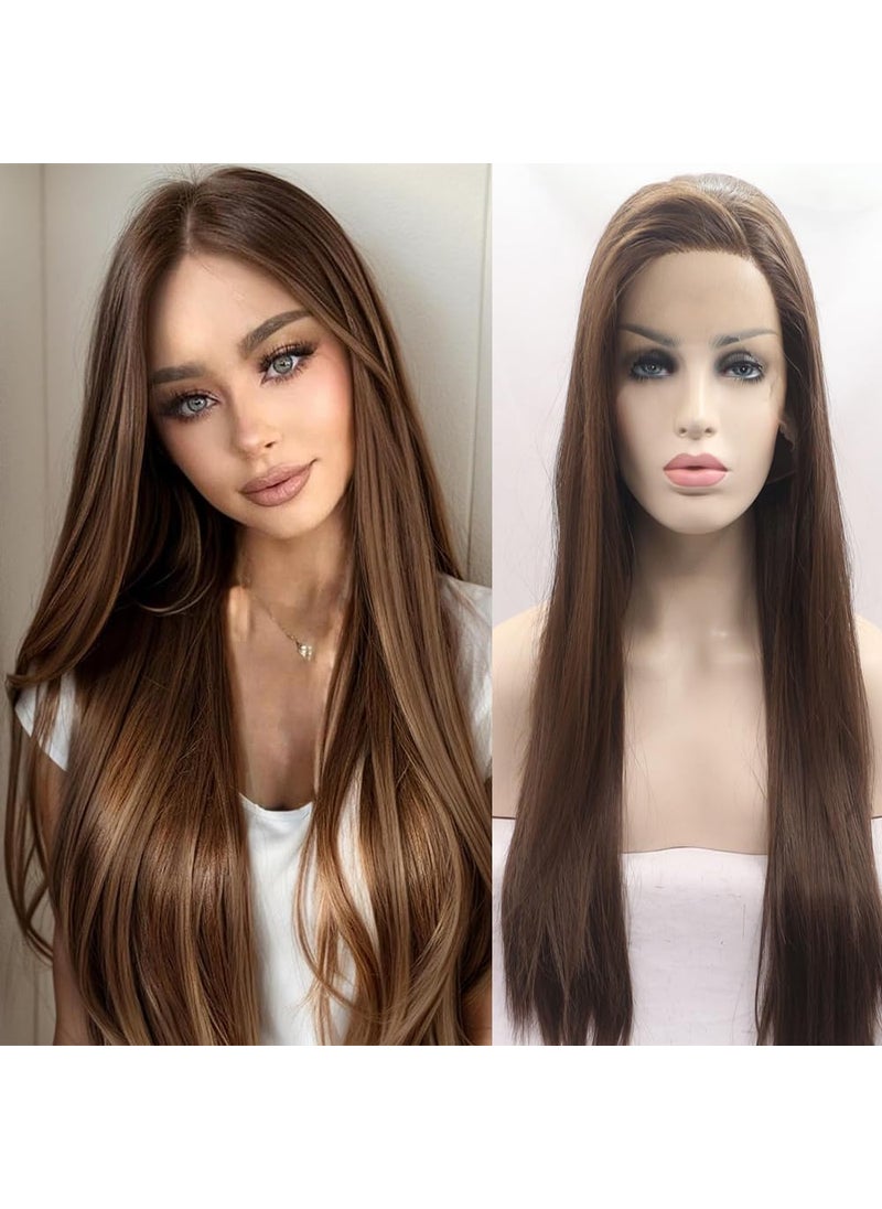 Xiweiya Xiweiy 6# Brown Silky Straight Lace Front Wigs Side Parting Half Hand Tied Natural Hairline Wig Heat Resistant Fiber Hair for Women 24inch 