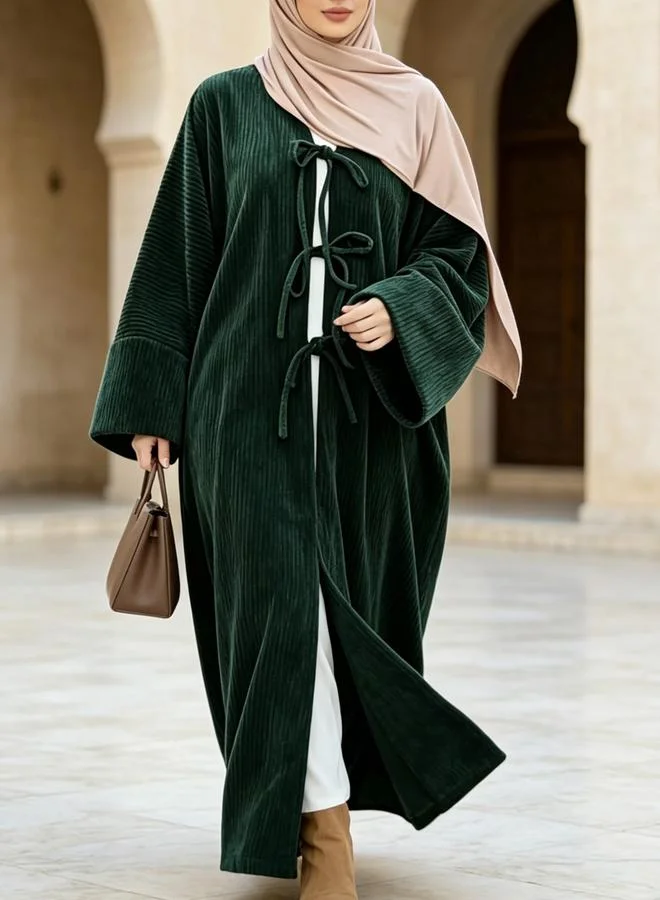 Take Two Green Corduroy Open Abaya with Ties