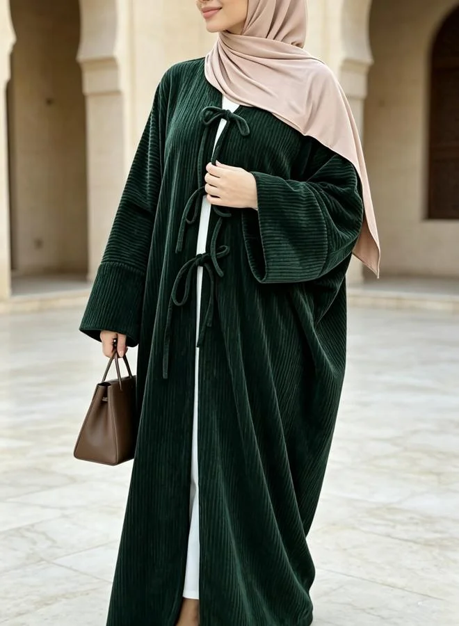 Take Two Green Corduroy Open Abaya with Ties