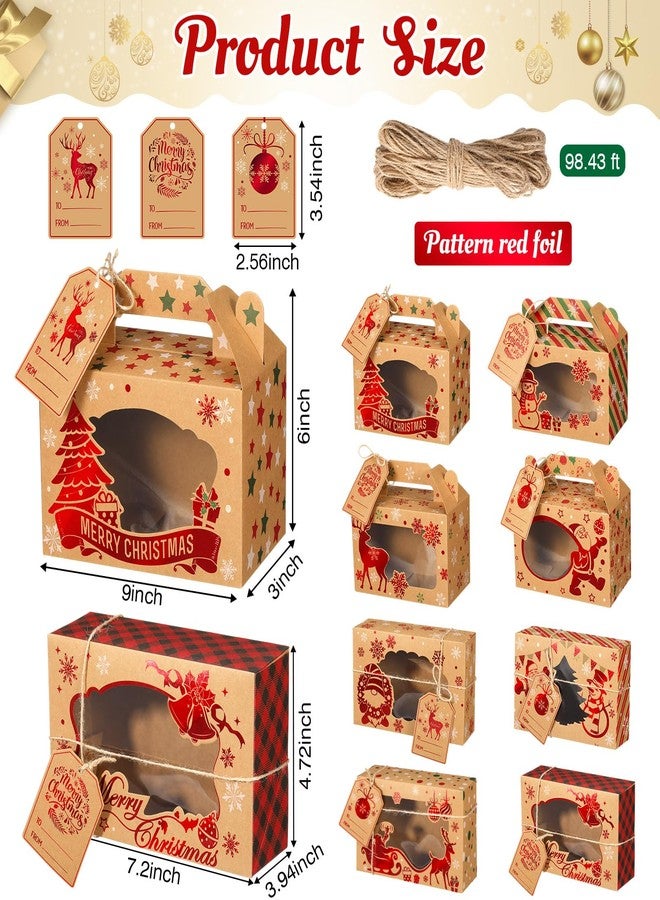 Cinnvoice 24 Pcs Foiled Christmas Cookie Boxes with Window Christmas Kraft Treat Boxes and Tags Strings Assorted Size Holiday Bakery Containers Bulk for Xmas Party Doughnut Candy Cupcakes - Image 2