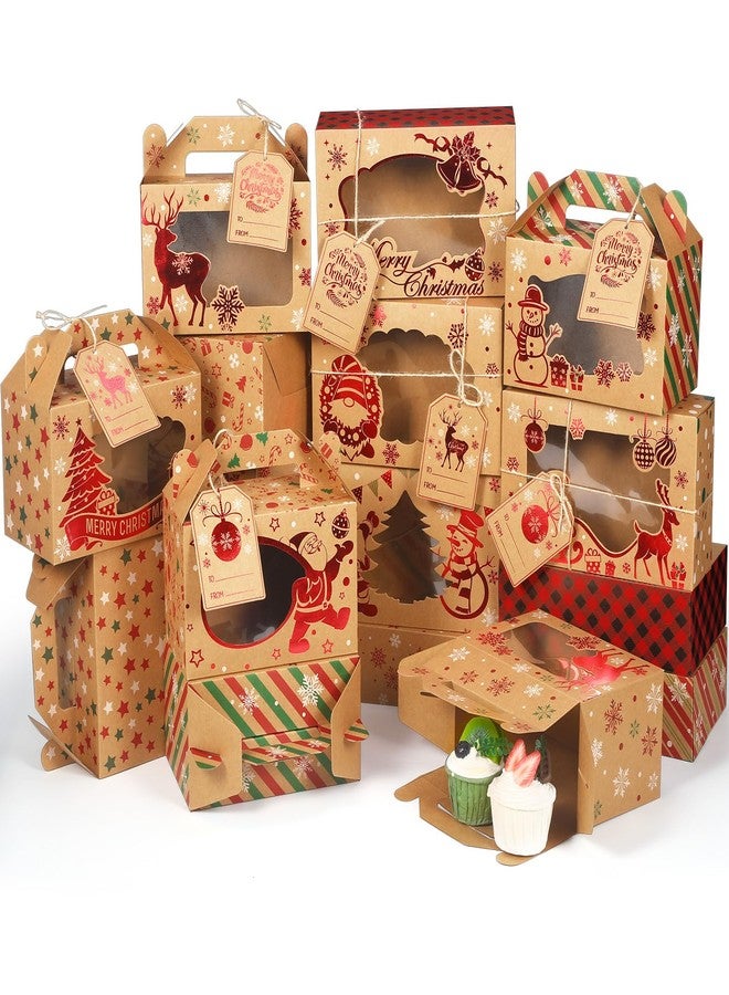 Cinnvoice 24 Pcs Foiled Christmas Cookie Boxes with Window Christmas Kraft Treat Boxes and Tags Strings Assorted Size Holiday Bakery Containers Bulk for Xmas Party Doughnut Candy Cupcakes - Image 1