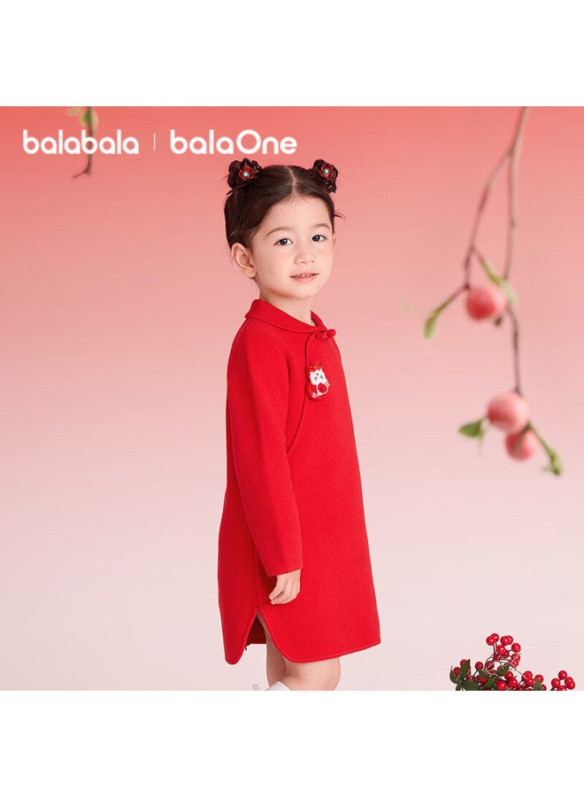Balabala Kids Children's Dress Girls New Chinese Style Red New Year Festival Dress Lucky Skirt - Image 2