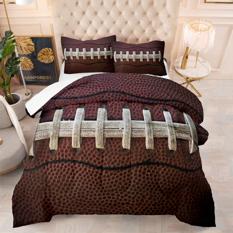Tailor Shop Football Comforter Set Full Size for Boys Kids Teens Rugby Sports Brown Theme Bedding Set with 1 Comforter 2 Pillow Shams