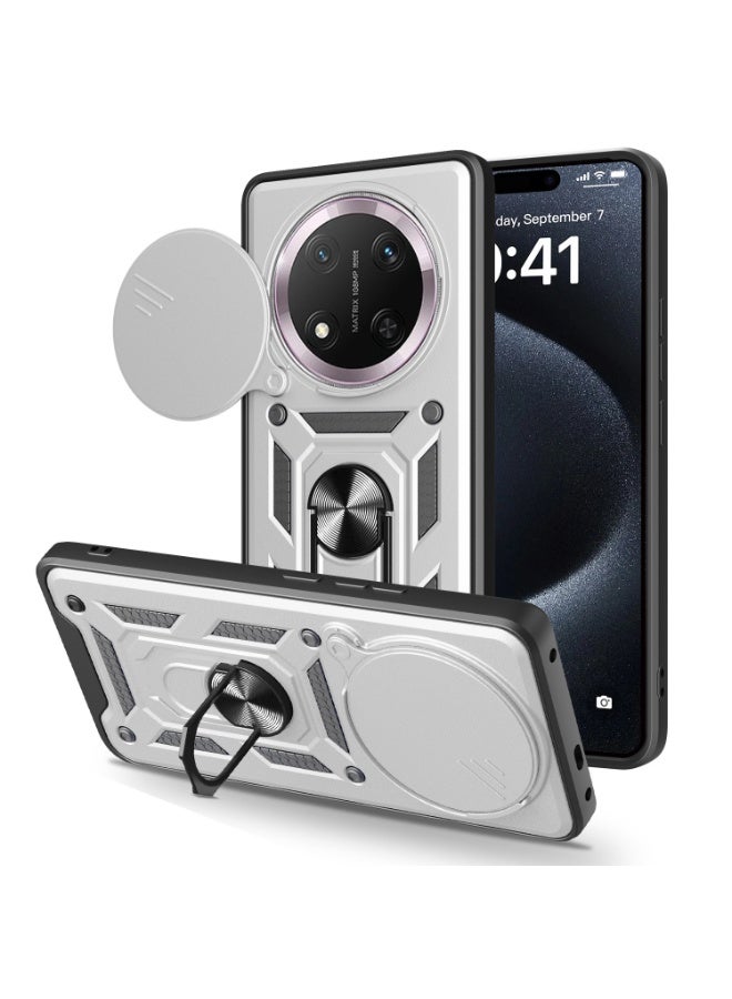Shunjia Sliding Window Case, Shockproof Rugged Armor with Sliding Camera Cover & 360° Ring Kickstand, Compatible with Honor X9c (Silver)