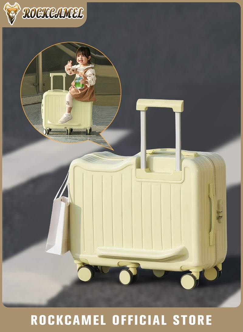 ROCKCAMEL حقيبة أطفال يمكن الركوب عليها، مقصورة ABS صلبة مع حامل كوب وخطاف جانبي، 6 عجلات صامتة 360 درجة، قفل سري مدمج، مقاوم للخدش، حقيبة جذابة للسفر الجوي (أصفر، 22 بوصة) - Image 1
