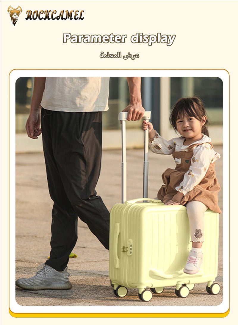 ROCKCAMEL حقيبة أطفال يمكن الركوب عليها، مقصورة ABS صلبة مع حامل كوب وخطاف جانبي، 6 عجلات صامتة 360 درجة، قفل سري مدمج، مقاوم للخدش، حقيبة جذابة للسفر الجوي (أصفر، 22 بوصة) - Image 2