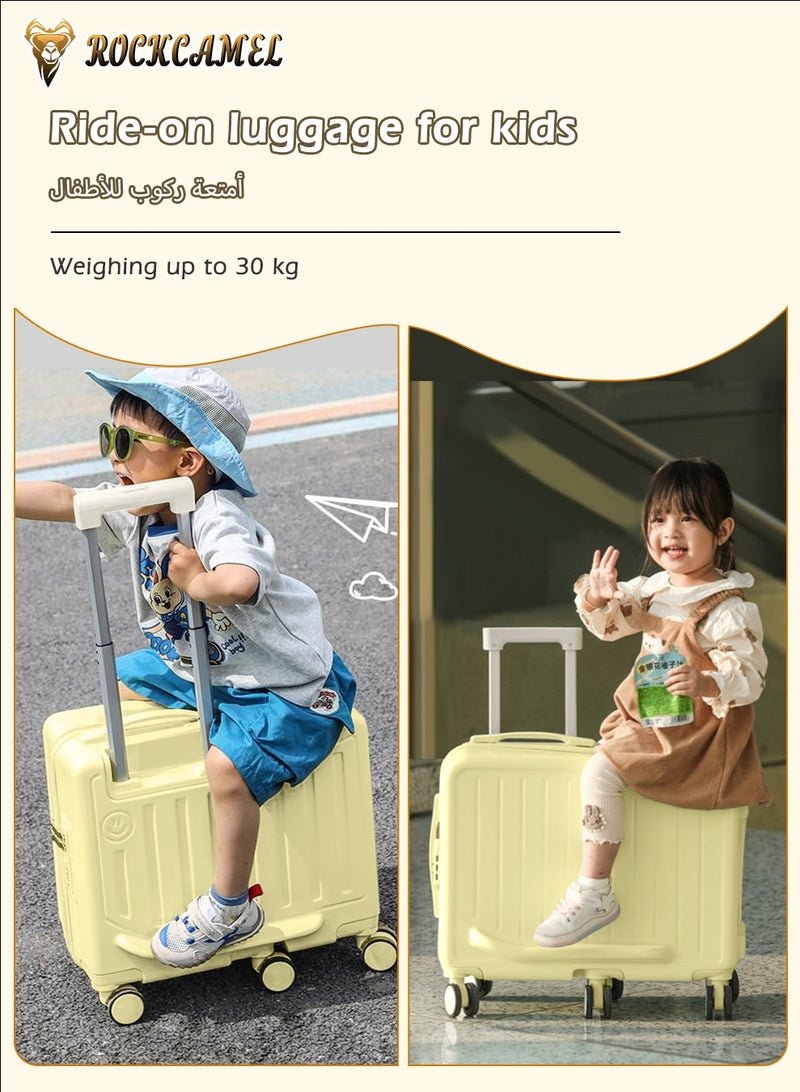 ROCKCAMEL حقيبة أطفال يمكن الركوب عليها، مقصورة ABS صلبة مع حامل كوب وخطاف جانبي، 6 عجلات صامتة 360 درجة، قفل سري مدمج، مقاوم للخدش، حقيبة جذابة للسفر الجوي (أصفر، 22 بوصة) - Image 3