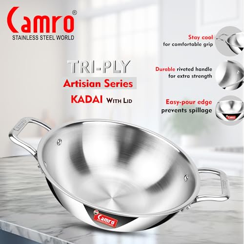 Camro Triply Artisian Kadhai with Lid 28 Cm, 4.4 Liters | Kadhai for Deep Frying | Kadai for Cooking Stainless Steel | Induction Friendly Dishwasher Safe - Image 5