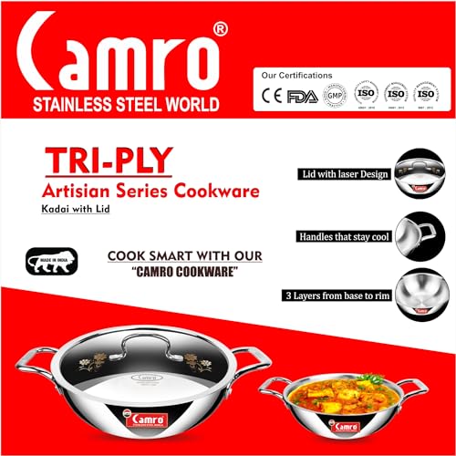 Camro Triply Artisian Kadhai with Lid 28 Cm, 4.4 Liters | Kadhai for Deep Frying | Kadai for Cooking Stainless Steel | Induction Friendly Dishwasher Safe - Image 3
