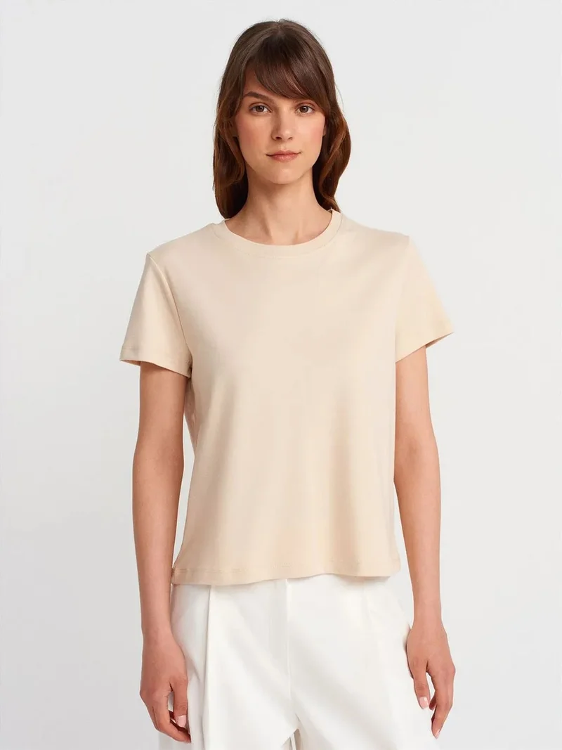 ديلفين DILVIN Women's Cotton Ribbed Crew Neck T-Shirt