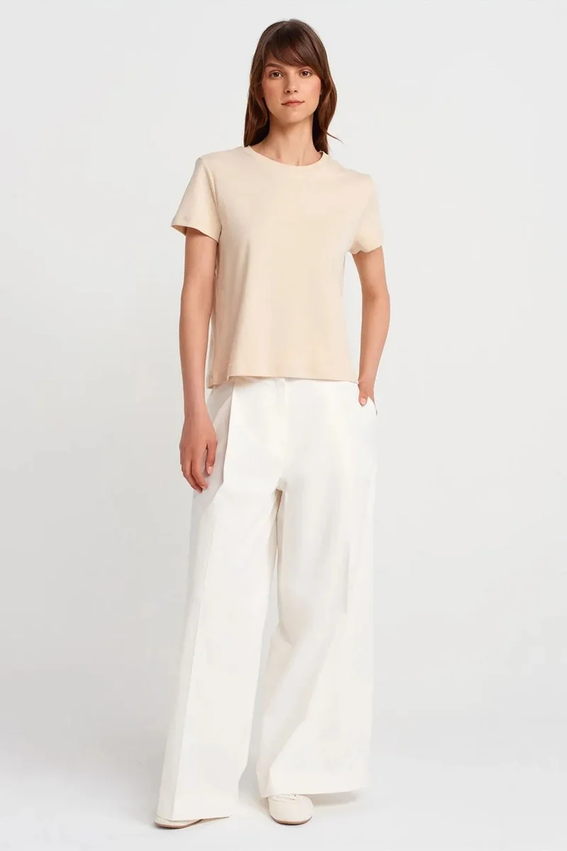 Dilvin Beige Natural DILVIN Women's Cotton Ribbed Crew Neck T-Shirt for Women | Best Price UAE