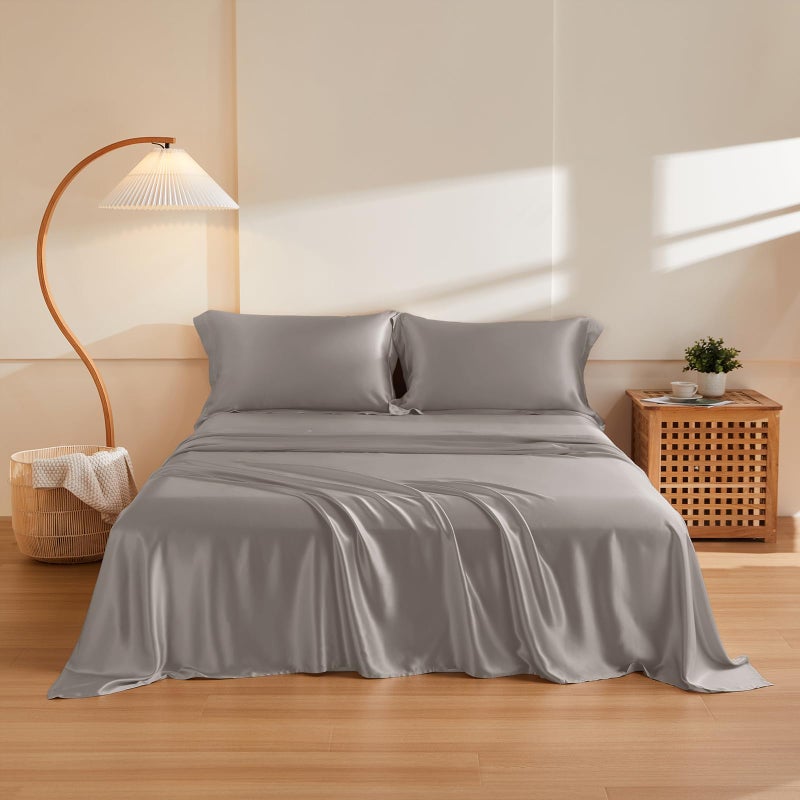 THXSILK Silk Sheet Set 4Pcs 6A Top Grade 100 Natural Mulberry Silk Bed Sheets Luxury Bedding Sets Ultra Soft Durable Safe Material 1 Fitted Sheet 1 Flat Sheet and 2 Pillow Shams King Grey
