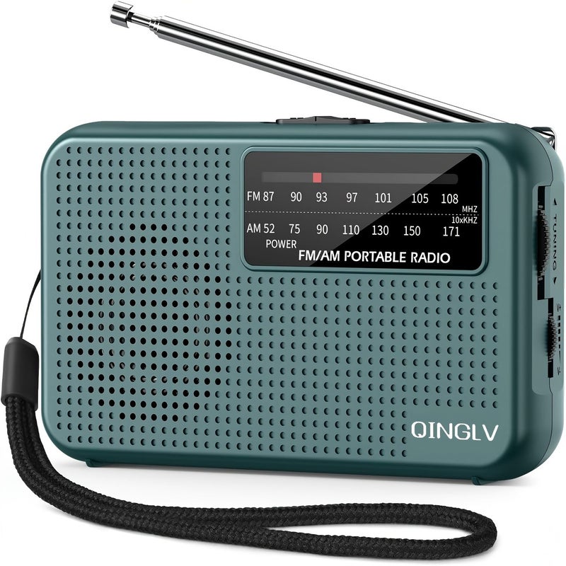 Green AM FM Portable Mini Radio with Telescopic Antenna and Headphone Jack - Image 1