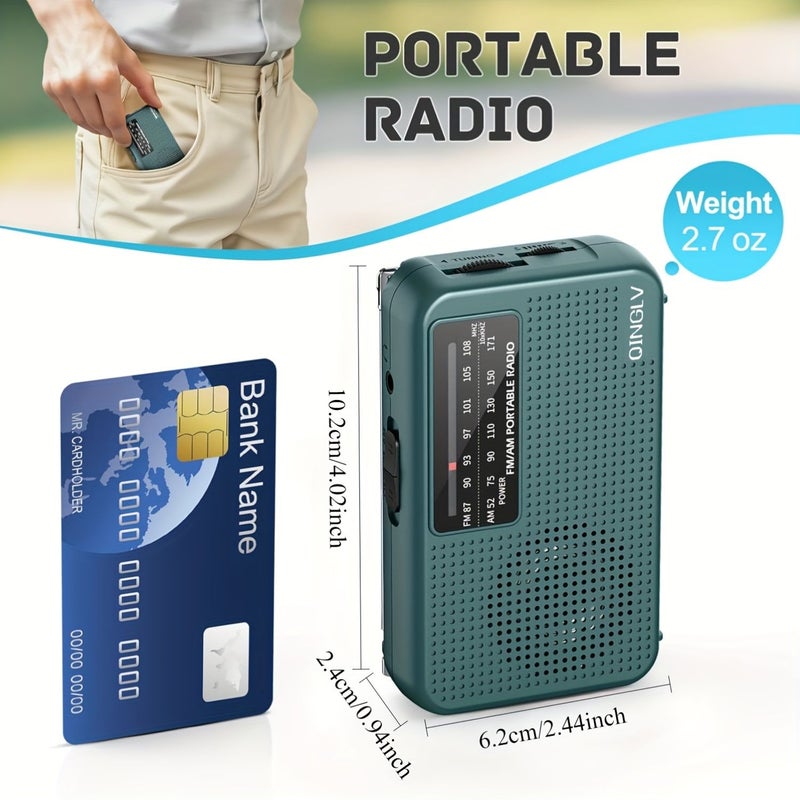 Green AM FM Portable Mini Radio with Telescopic Antenna and Headphone Jack - Image 2