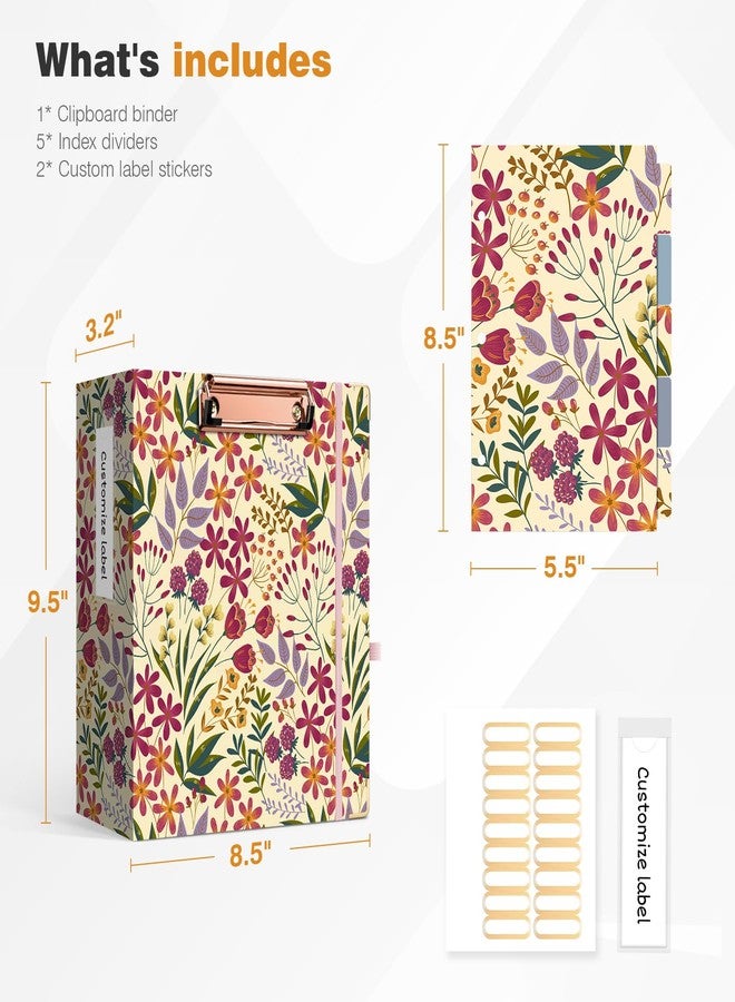 Ospelelf Mini 3 Ring Binder 2 Inch, Cute Binder for 5.5" x 8.5" with 5 Tab Dividers, File Folder Labels and Low Profile Clipboards, Floral Binder for School Supplies and Office Supplies - Image 3