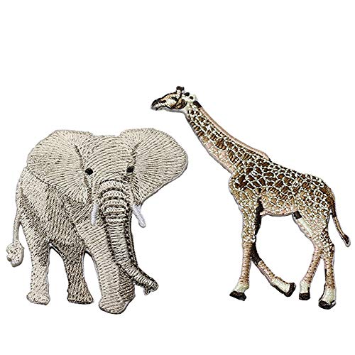 ZOOPOLR 2 Pcs Embroidered Elephant & Giraffe Iron On Patches for Backpacks, Hats, DIY Sew on Applique Patch, Vintage Embroidered Patches for Repair Clothes, Jackets, Jeans - Image 1