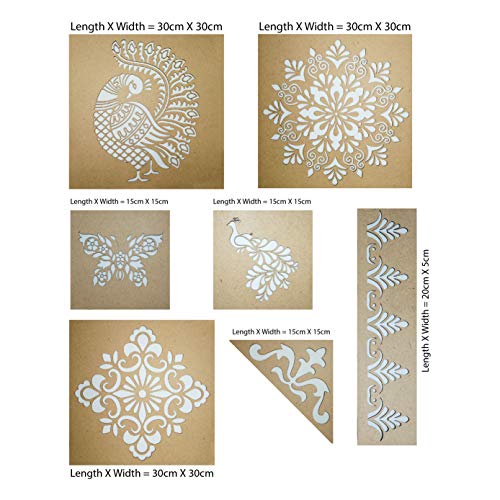 SWAGSTATION Mandala Rangoli Stencils Set Rangoli Stencil Big Size for Floor (Set of 7 Stencil, 6 Rangoli Colors Set, Mandala Decorative Stencils Combo) Mandala Rangoli Making Tools Kit, Multi - Image 2