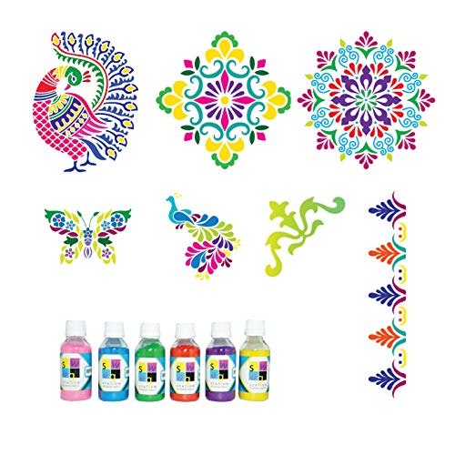 SWAGSTATION Mandala Rangoli Stencils Set Rangoli Stencil Big Size for Floor (Set of 7 Stencil, 6 Rangoli Colors Set, Mandala Decorative Stencils Combo) Mandala Rangoli Making Tools Kit, Multi - Image 3