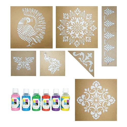 SWAGSTATION Mandala Rangoli Stencils Set Rangoli Stencil Big Size for Floor (Set of 7 Stencil, 6 Rangoli Colors Set, Mandala Decorative Stencils Combo) Mandala Rangoli Making Tools Kit, Multi - Image 1