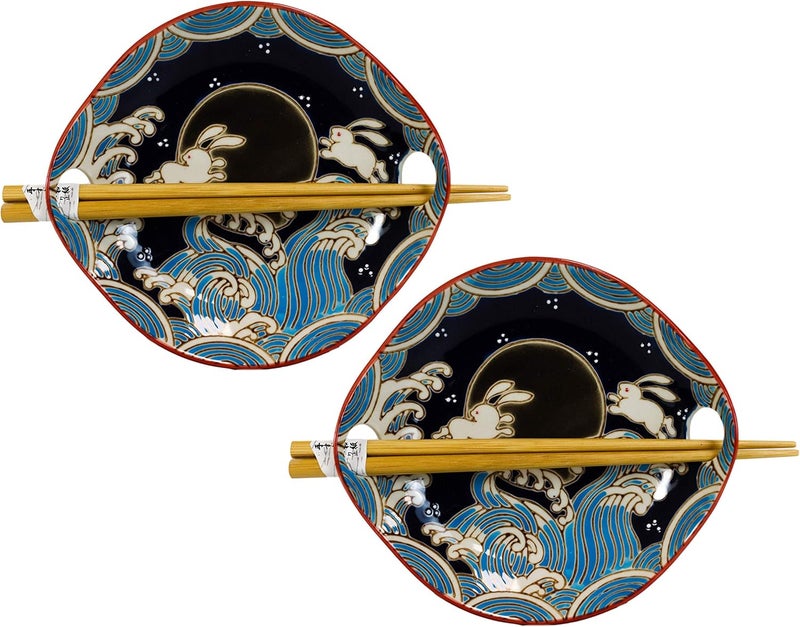 Ebros Gift Ebros White Rabbits Jumping Over Black Moon Appetizer Snack Serving Coupe Plate Dish With Chopsticks And Built In Rest Set Small Flat Bowl For Hors Doeuvres Sushi Ice Cream Serveware Plates 2 - Image 1