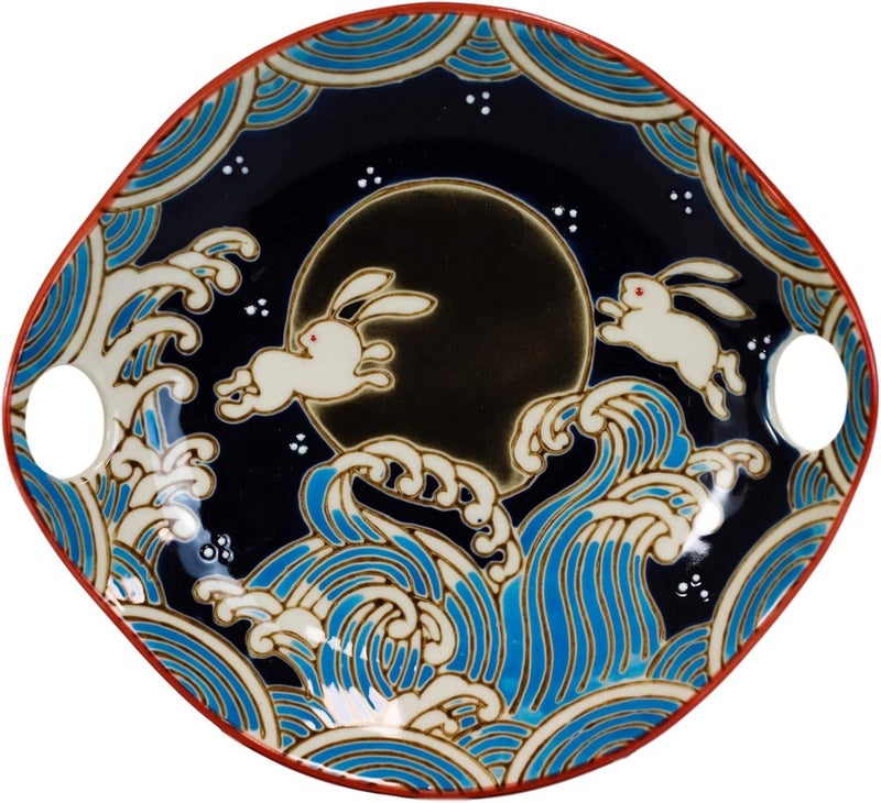 Ebros Gift Ebros White Rabbits Jumping Over Black Moon Appetizer Snack Serving Coupe Plate Dish With Chopsticks And Built In Rest Set Small Flat Bowl For Hors Doeuvres Sushi Ice Cream Serveware Plates 2 - Image 3