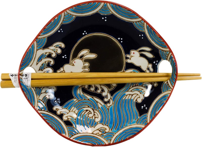 Ebros Gift Ebros White Rabbits Jumping Over Black Moon Appetizer Snack Serving Coupe Plate Dish With Chopsticks And Built In Rest Set Small Flat Bowl For Hors Doeuvres Sushi Ice Cream Serveware Plates 2 - Image 4