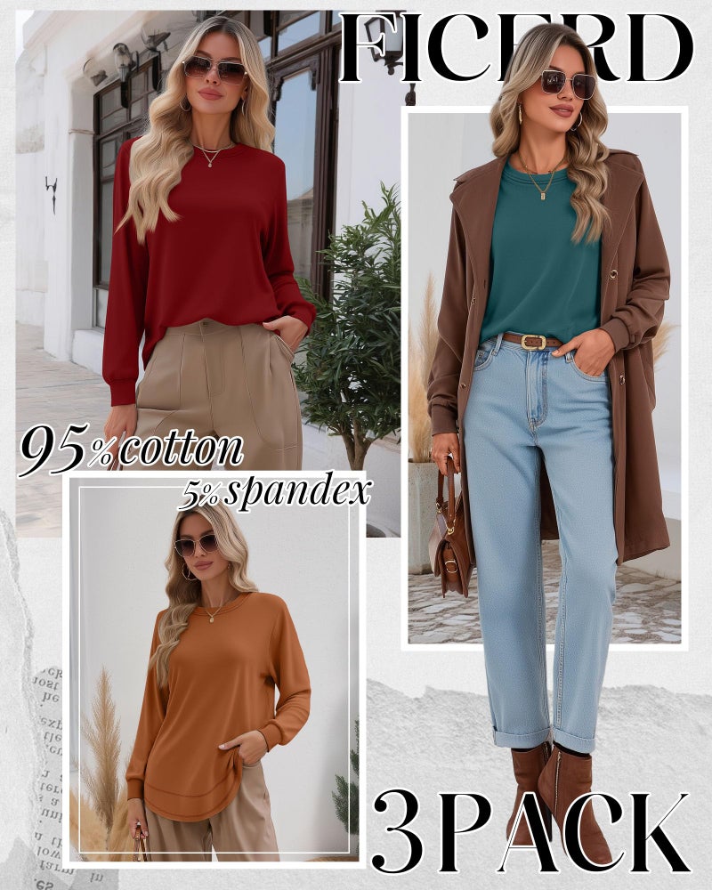 Ficerd 3 Pack Women's Long Sleeve Shirts, Cotton Crew Neck Tunic Tops Casual Loose Fit Pullover Sweatshirts Curved Hem Shirts(Orange, Dark Green, Red,Medium) - Image 2