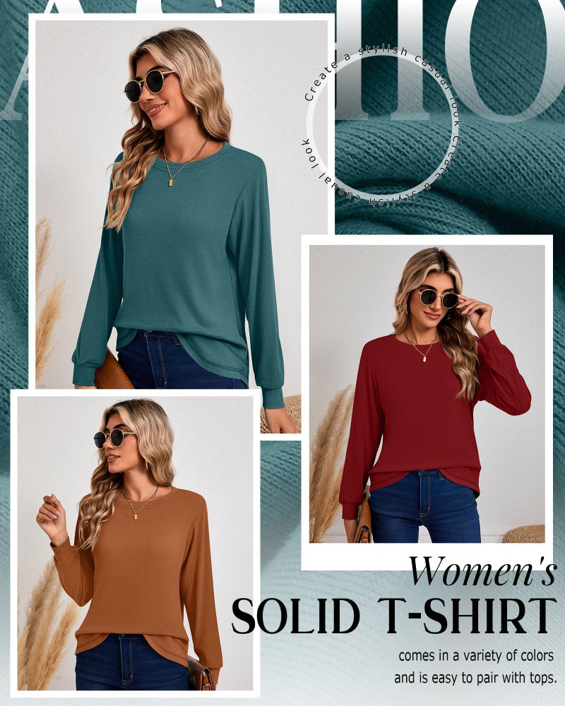Ficerd 3 Pack Women's Long Sleeve Shirts, Cotton Crew Neck Tunic Tops Casual Loose Fit Pullover Sweatshirts Curved Hem Shirts(Orange, Dark Green, Red,Medium) - Image 5