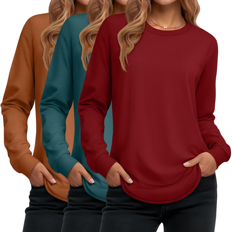 Ficerd 3 Pack Women's Long Sleeve Shirts, Cotton Crew Neck Tunic Tops Casual Loose Fit Pullover Sweatshirts Curved Hem Shirts(Orange, Dark Green, Red,Medium) - Image 1