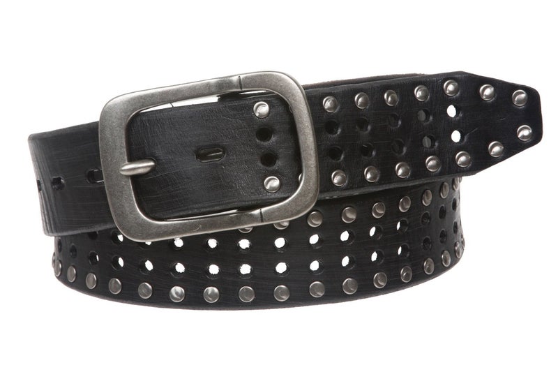 Beltiscool 1 1/2" (38 mm) Snap on Vintage Cowhide Metal Circle Studded Leather Belt, Black | 38" - Image 1