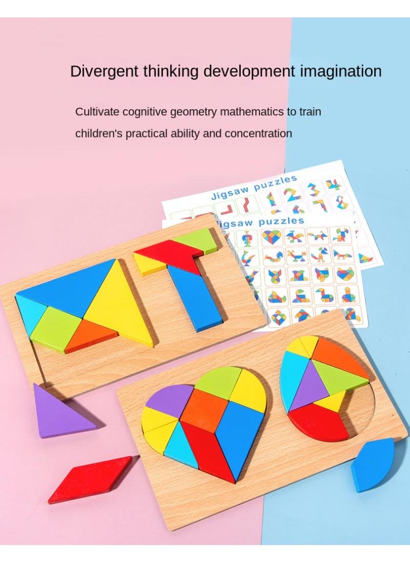 Y&D - Children's Tangram Puzzle Building Blocks Mathematical Graphics Puzzle Wooden Toys-T Word - Image 1