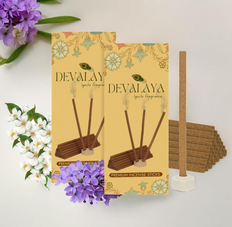 Devalaya Soothing Lavender/Arabian Mogra Dhoop Sticks (40 Sticks, Pack of 2), Bamboo-Less Incense Sticks, Agarbatti for Pooja, 100% Charcoal-Free, 4-inch Length with Ceramic Strand - Image 1