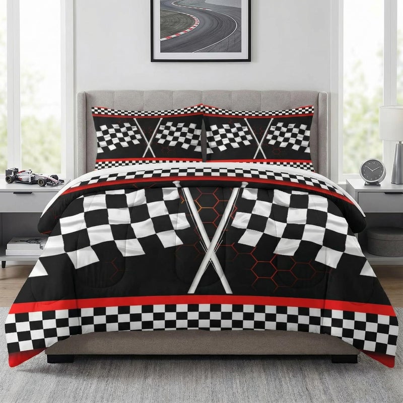 WeCozy Comforter Set Twin Size with Pillowcase, Racing Car Auto 2 Pcs Bedding for Kids and Adults, Race Checkered Sport Soft Comforter Set for Bedroom Bed Decor - Image 1