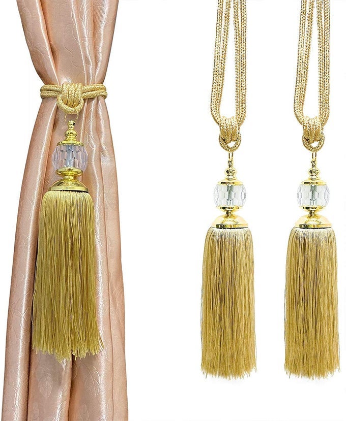CURTAIN TIEBACKS CURTAIN TIEBACK TASSEL GOLD CRYSTAL CURTAIN HOLDBACKS TIE BACK HOOKS FOR DRAPES DECORATIVE CURTAIN DRAPERY HOLDBACK HOLDER FOR OFFICE HOME WINDOW DECORATION 2PACK