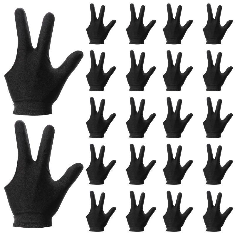 ONLYFU 22 Pieces Billiard Gloves Three Finger Cue Shooter Pool Gloves Sport Gloves for Women & Men Both Left and Right Hand (Black) - Image 1