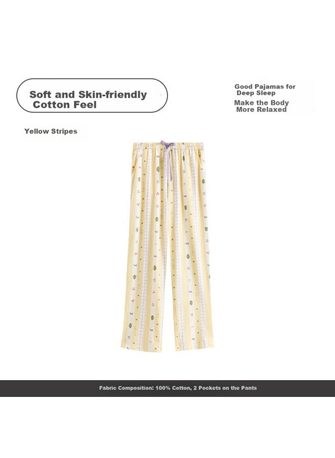Fenton Fenteng Summer New Pure Cotton Long Pants, Thin Breathable Casual Loungewear For Women, Yellow Striped, Size S - Image 1