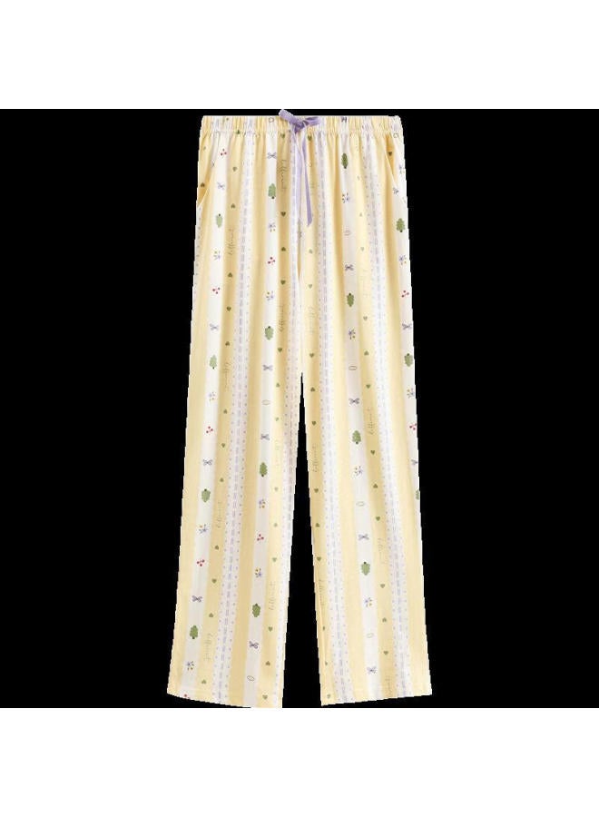 Fenton Fenteng Summer New Pure Cotton Long Pants, Thin Breathable Casual Loungewear For Women, Yellow Striped, Size S - Image 3