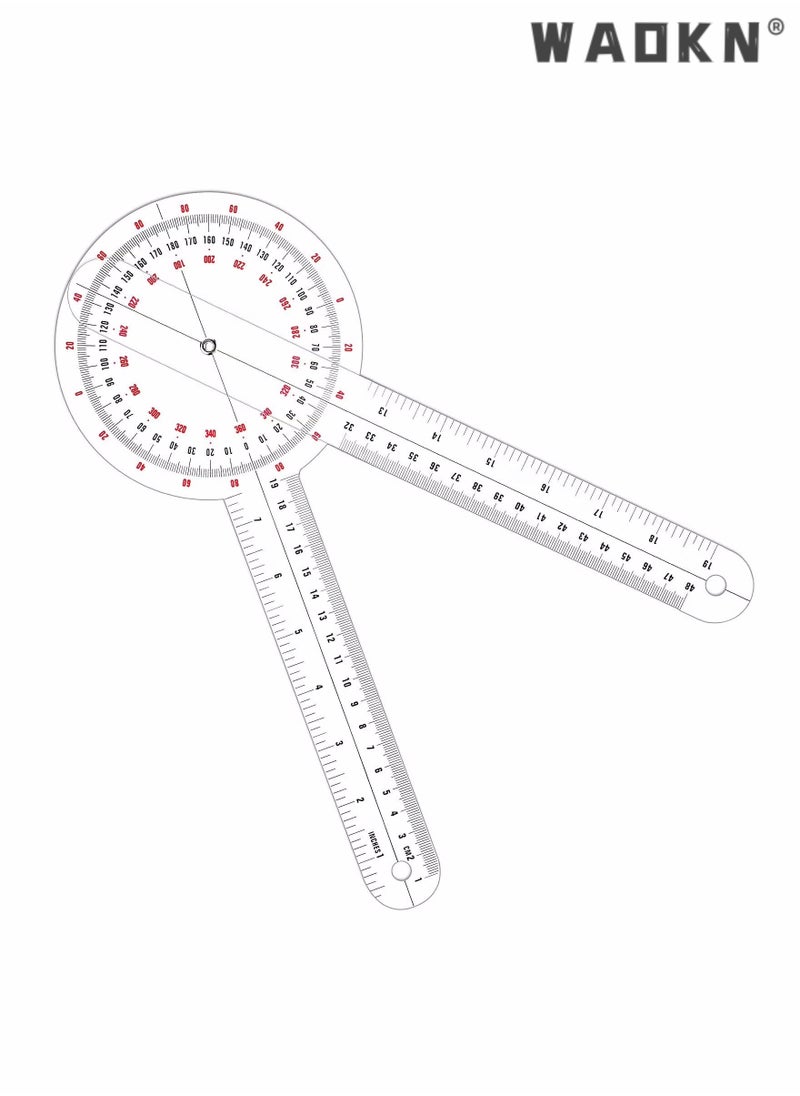 WAOKN 12 Inch Goniometer, Transparent Orthopedic Angle Ruler Plastic Goniometer 360 Degree Goniometer Angle Protractor Goniometer for Body Measuring Tape Goniometer Protractor Ruler  - Image 1