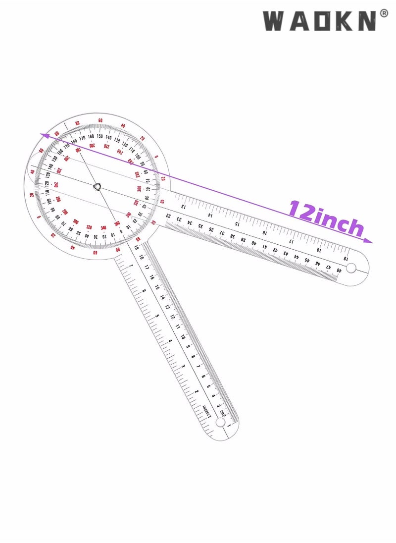 WAOKN 12 Inch Goniometer, Transparent Orthopedic Angle Ruler Plastic Goniometer 360 Degree Goniometer Angle Protractor Goniometer for Body Measuring Tape Goniometer Protractor Ruler  - Image 2