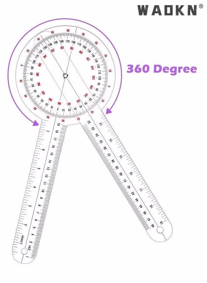 WAOKN 12 Inch Goniometer, Transparent Orthopedic Angle Ruler Plastic Goniometer 360 Degree Goniometer Angle Protractor Goniometer for Body Measuring Tape Goniometer Protractor Ruler  - Image 3