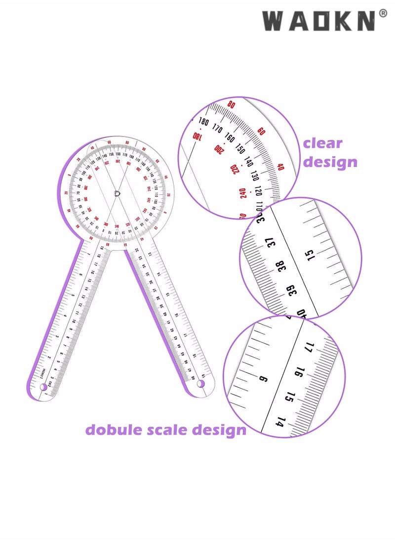 12 Inch Goniometer, Transparent Orthopedic Angle Ruler Plastic Goniometer 360 Degree Goniometer Angle Protractor Goniometer for Body Measuring Tape Goniometer Protractor Ruler