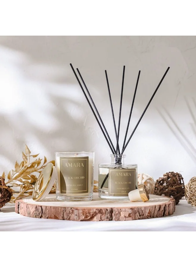 DANUBE HOME Amara Candle + Reed Diffuser Set Black Orchid – Luxury Scented Candle & Aroma Diffuser Gift Set For Home, Office, Spa – Long-Lasting Fragrance Oil Set - 120 Ml