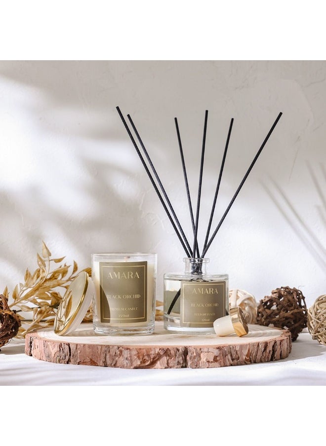 DANUBE HOME Amara Candle + Reed Diffuser Set Black Orchid – Luxury Scented Candle & Aroma Diffuser Gift Set For Home, Office, Spa – Long-Lasting Fragrance Oil Set - 120 Ml  - Image 1